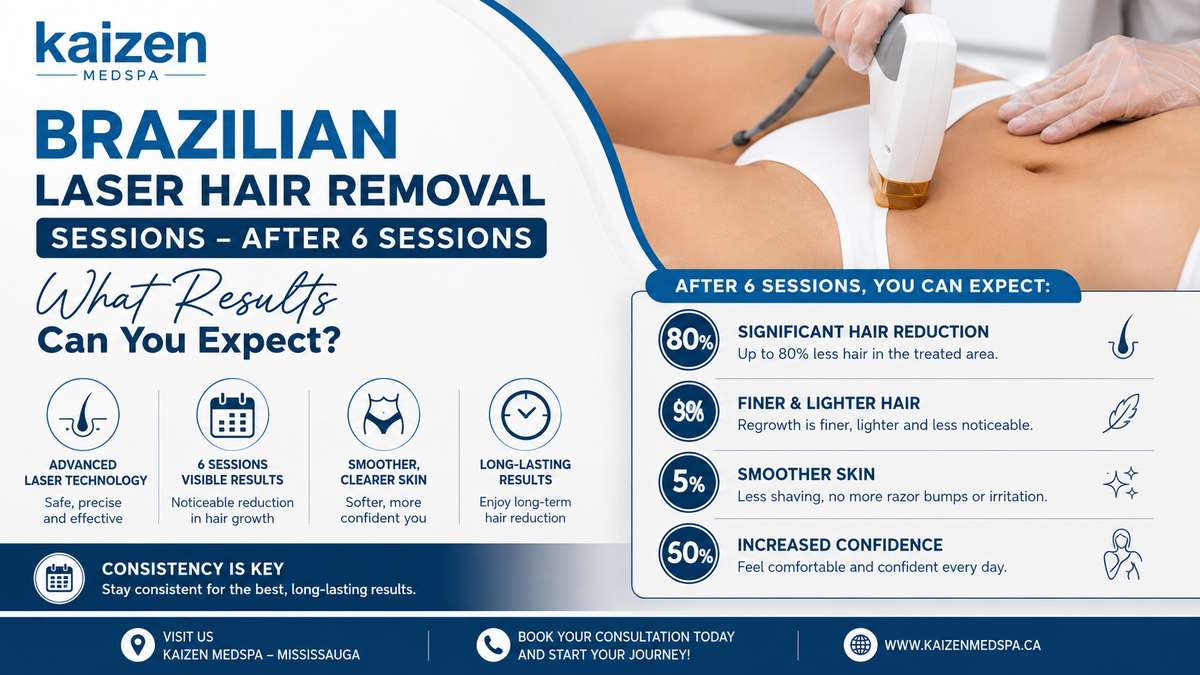 Brazilian laser hair removal session showing expected results after six treatments at Kaizen Medspa.